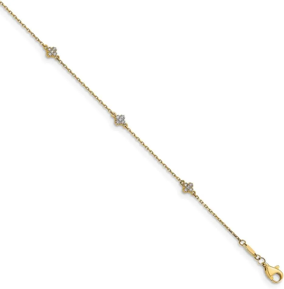 Solid 14k Yellow Gold CZ Cubic Zirconia Flower 1 in Extension Anklet - with Secure Lobster Lock Clasp 10"