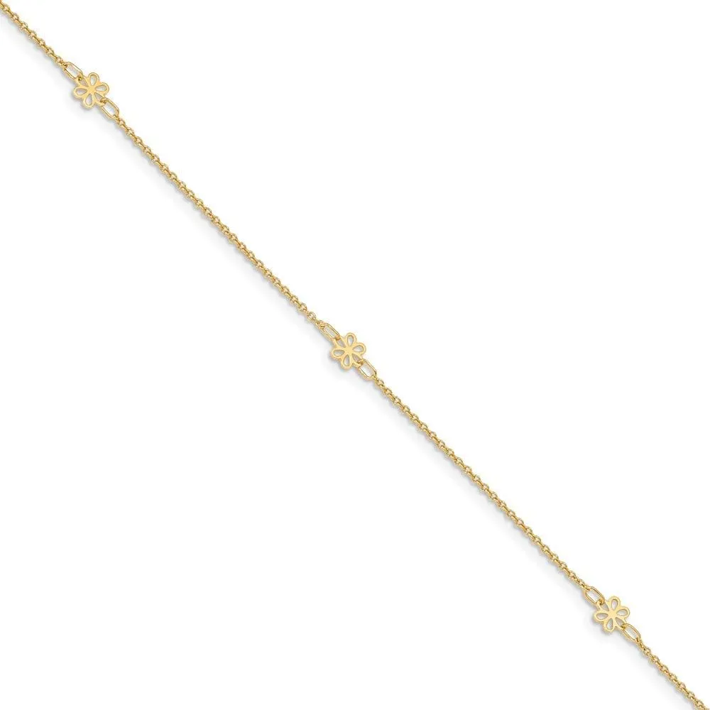 Solid 14k Yellow Gold Flowers 1 in Extension Anklet - with Secure Lobster Lock Clasp 10" (Width = 6mm)