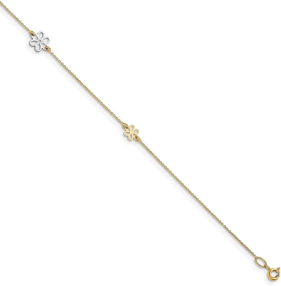 Sonia Jewels Real 14k Yellow and White Gold Two Tone Flower with 1in Extension Anklet 10" (Width = 1mm)