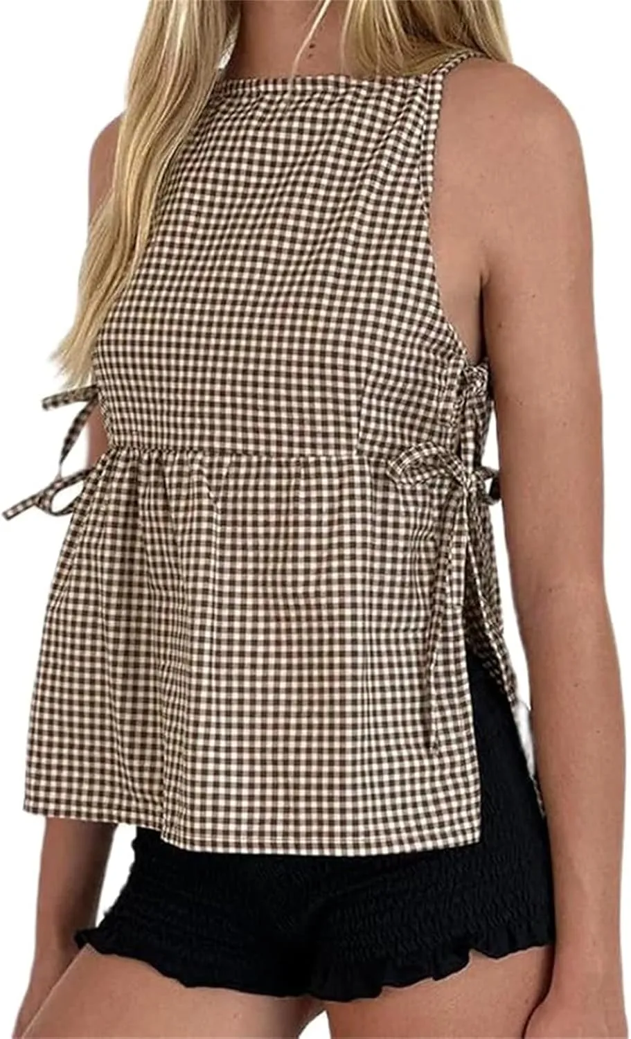 Split Side Crop Top Women Tie Side Tank Top Sleeveless Plaid Floral Print Crewneck Going Out Summer Peplum Shirt