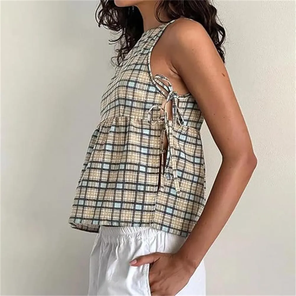Split Side Crop Top Women Tie Side Tank Top Sleeveless Plaid Floral Print Crewneck Going Out Summer Peplum Shirt