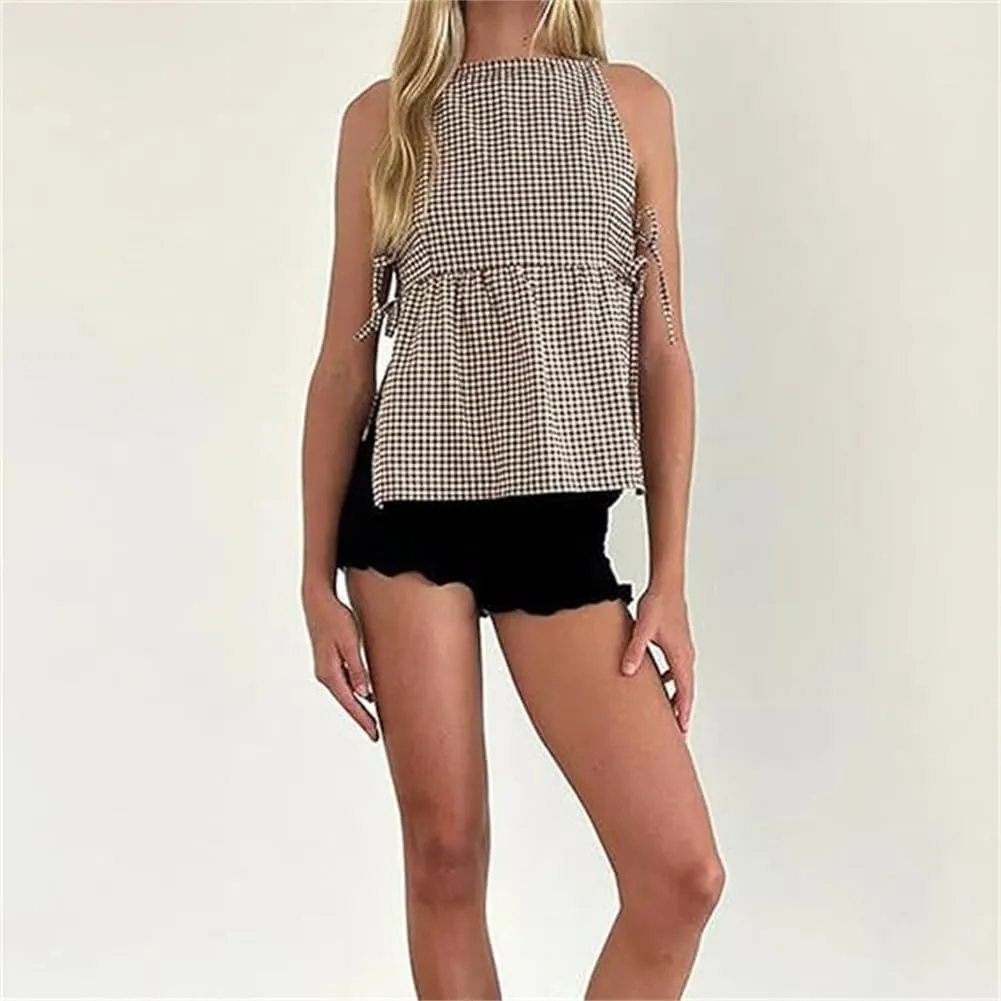 Split Side Crop Top Women Tie Side Tank Top Sleeveless Plaid Floral Print Crewneck Going Out Summer Peplum Shirt
