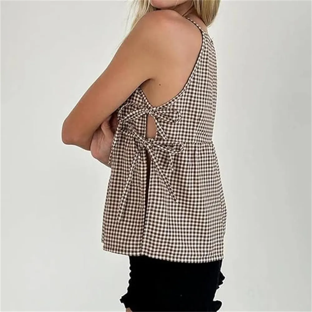 Split Side Crop Top Women Tie Side Tank Top Sleeveless Plaid Floral Print Crewneck Going Out Summer Peplum Shirt