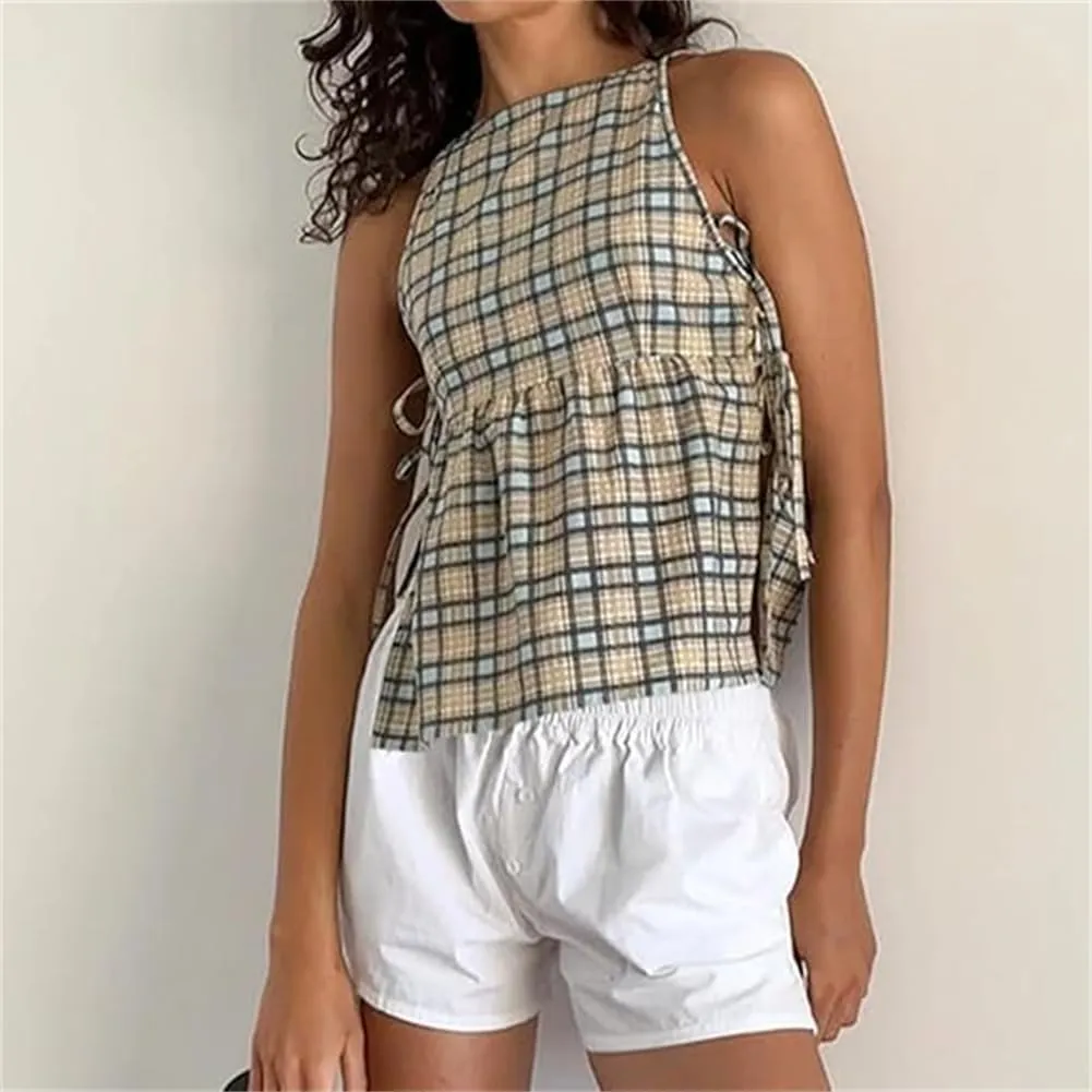 Split Side Crop Top Women Tie Side Tank Top Sleeveless Plaid Floral Print Crewneck Going Out Summer Peplum Shirt