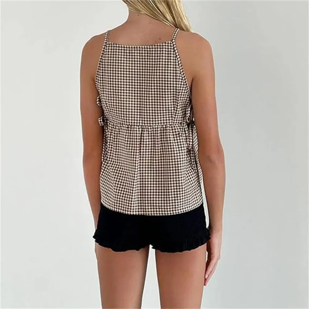 Split Side Crop Top Women Tie Side Tank Top Sleeveless Plaid Floral Print Crewneck Going Out Summer Peplum Shirt
