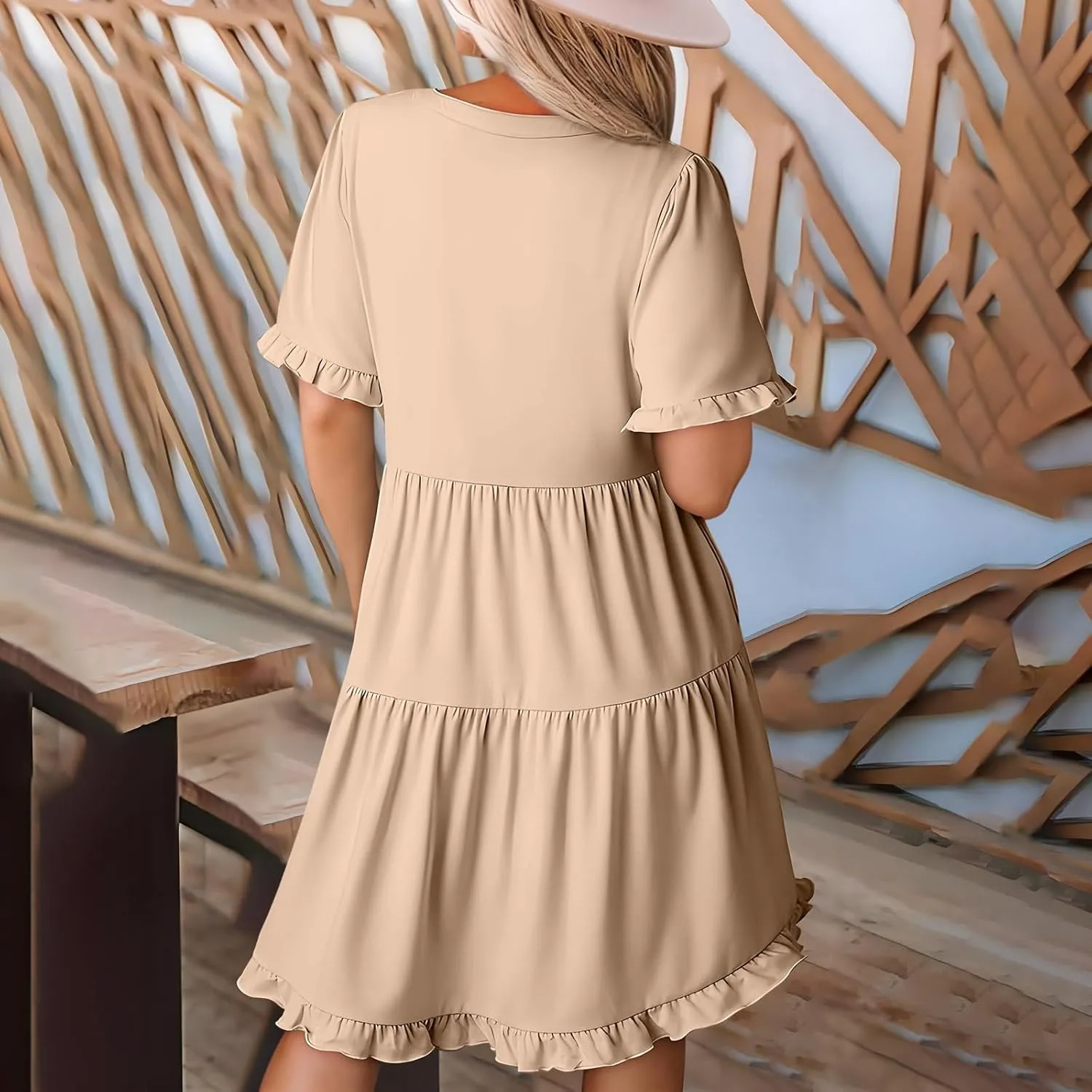 Summer Dresses for Women Casual Short Sleeve V Neck Cute Ruffle Dress Classiac Solid Midi Summer Vacation Sundress