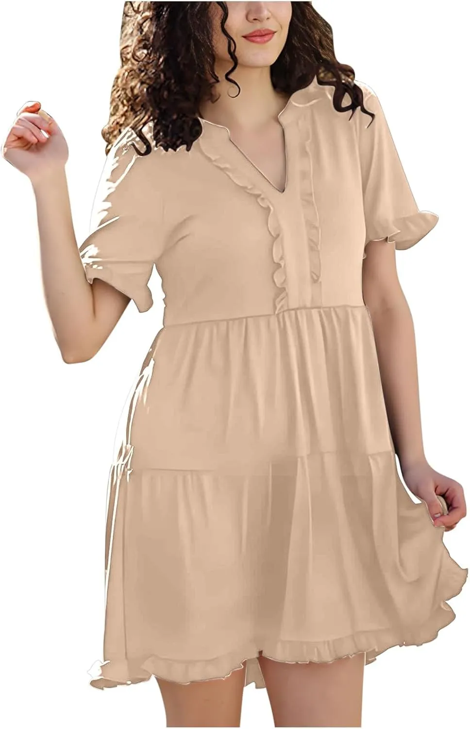Summer Dresses for Women Casual Short Sleeve V Neck Cute Ruffle Dress Classiac Solid Midi Summer Vacation Sundress
