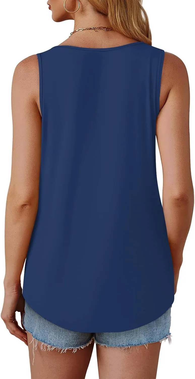 Summer Tank Tops for Women Sleeveless Crew Neck Pleated Solid Blouses Boho Casual Loose Tops Basic Shirts