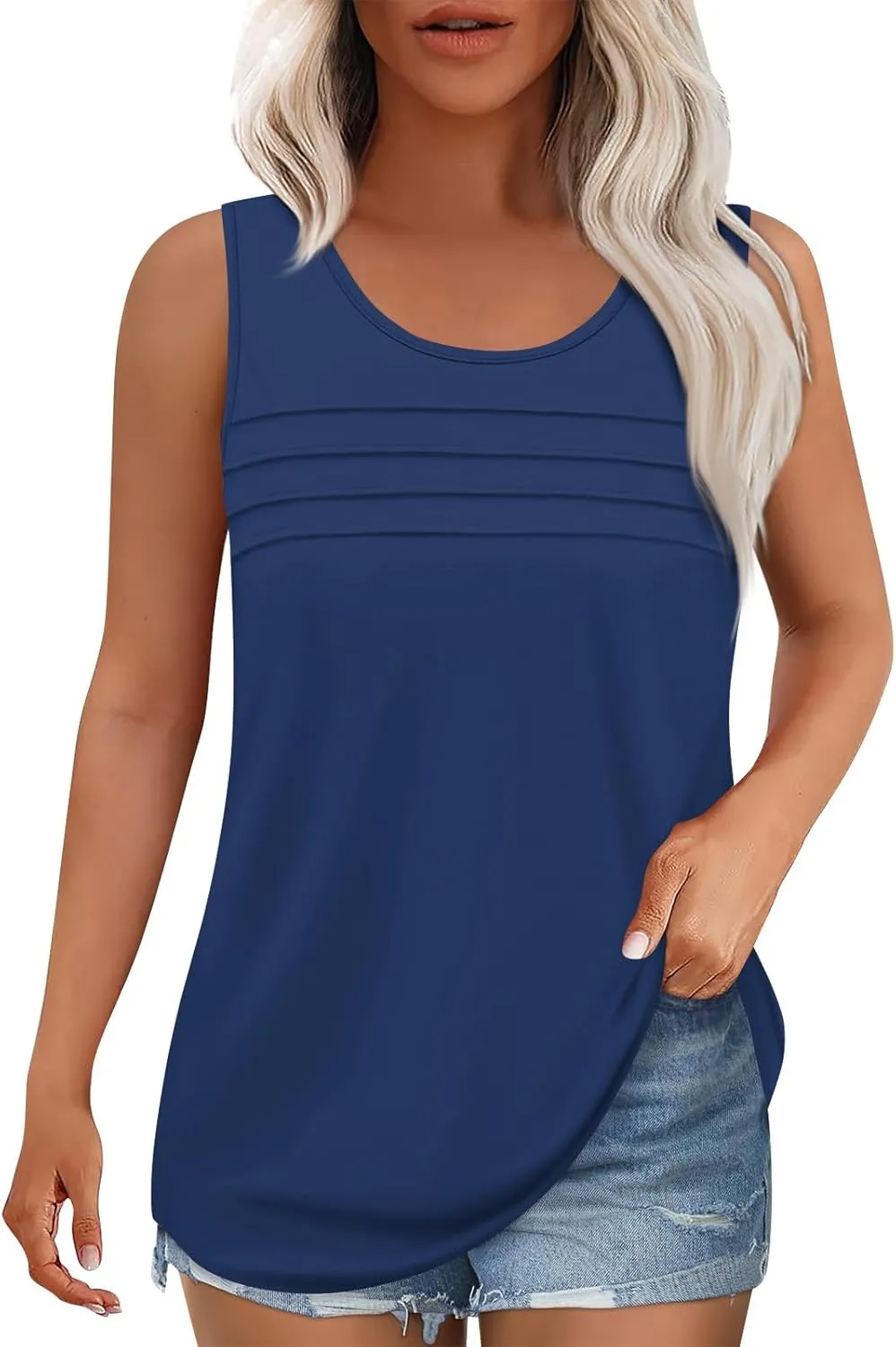 Summer Tank Tops for Women Sleeveless Crew Neck Pleated Solid Blouses Boho Casual Loose Tops Basic Shirts