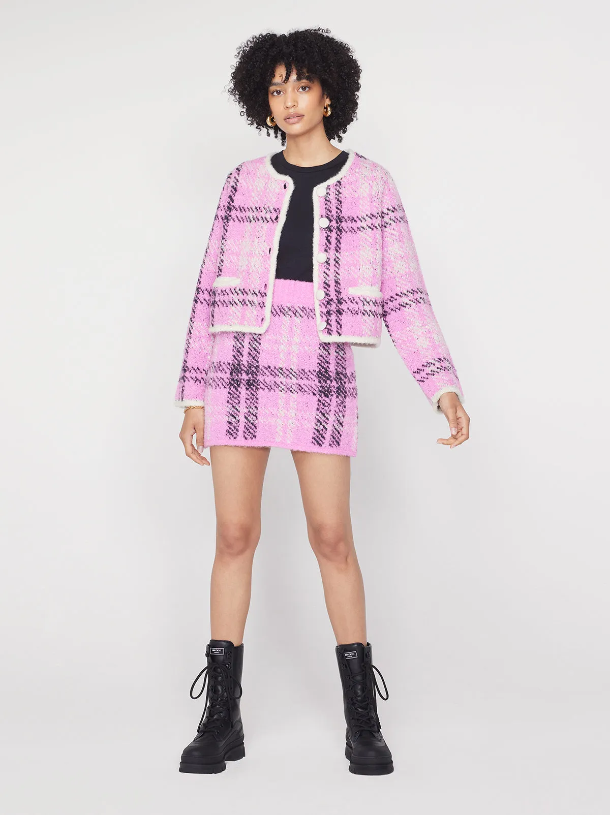 Susan Pink Check Boucle Knit Mini Skirt