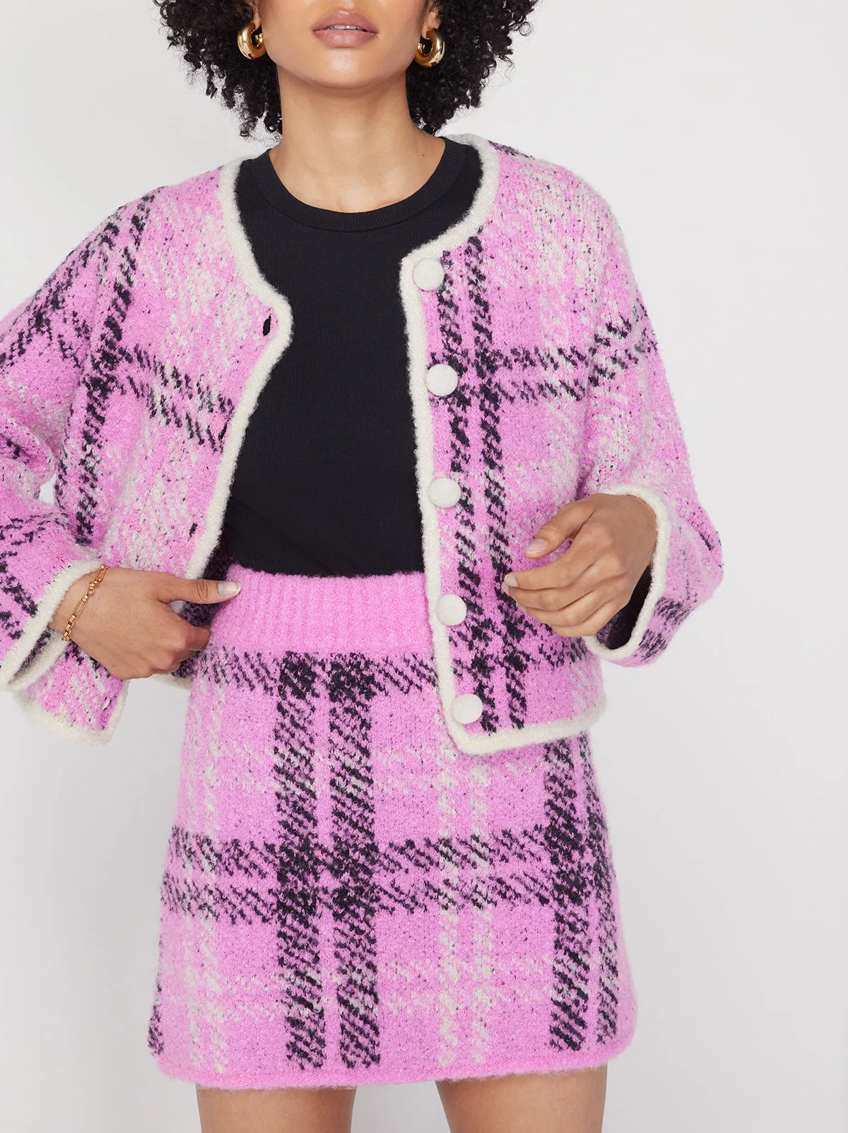 Susan Pink Check Boucle Knit Mini Skirt