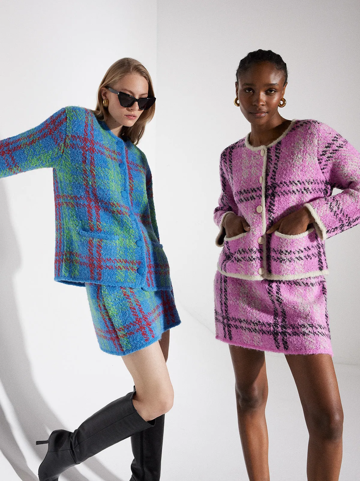 Susan Pink Check Boucle Knit Mini Skirt