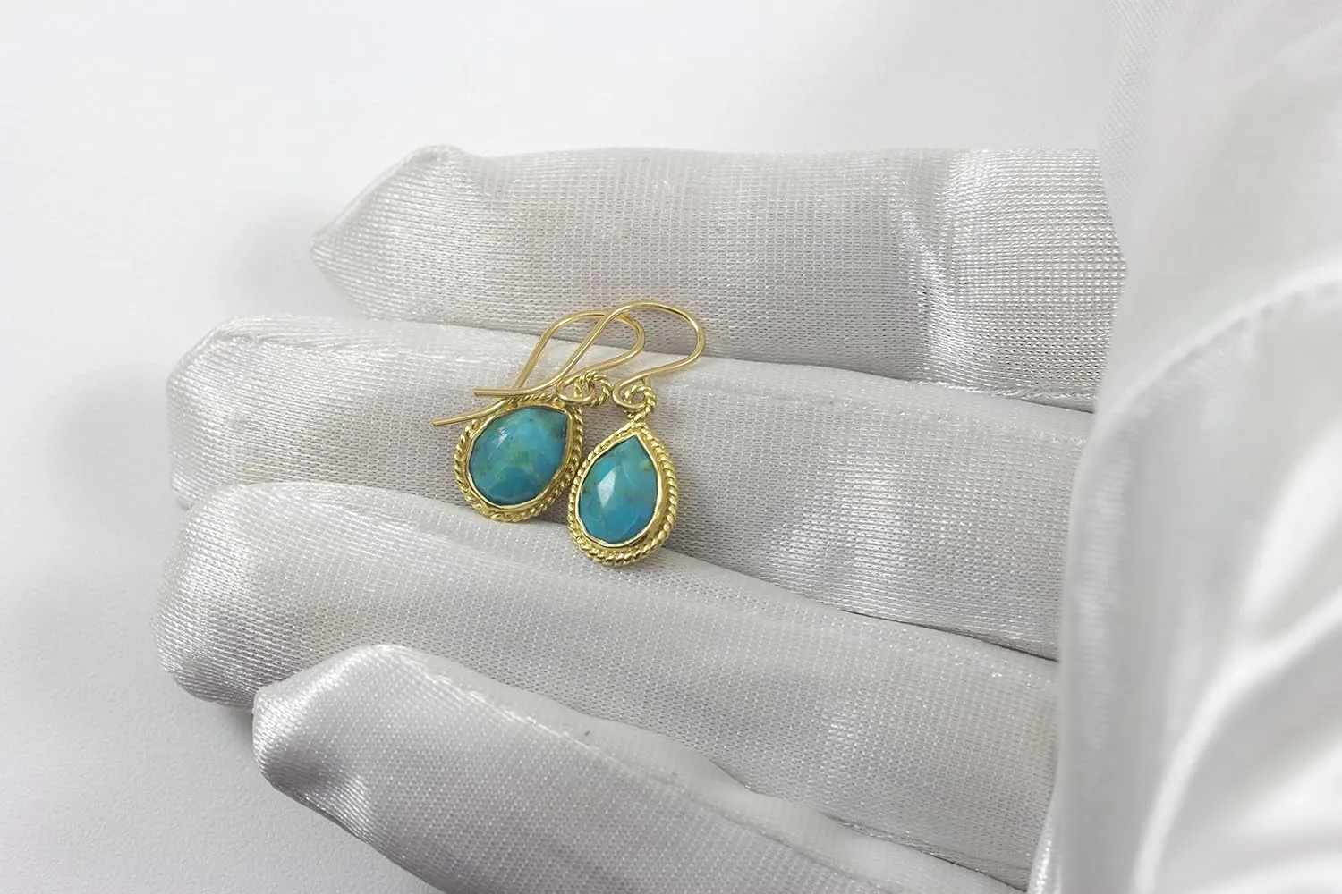 Turquoise Earrings Blue Faceted Teardrops Bezeled Small Simple Tiny Drops