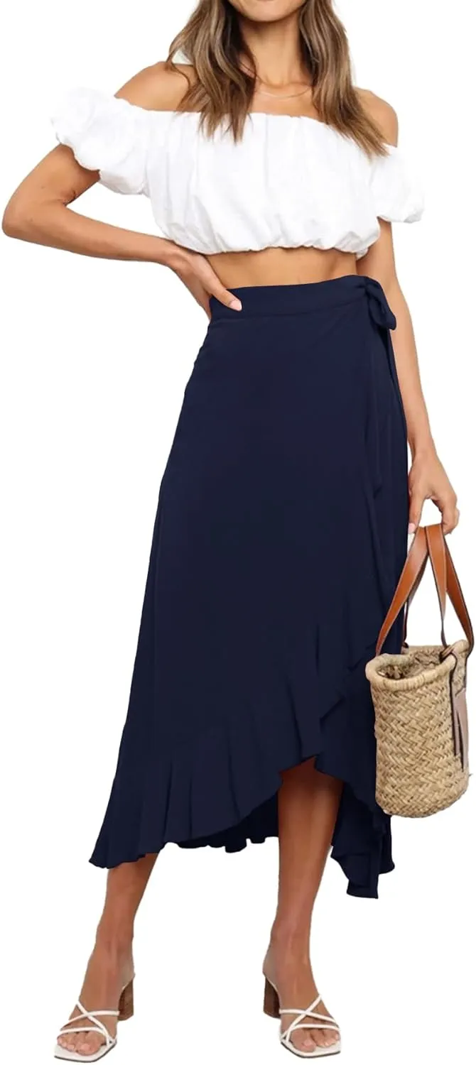 Umenlele Women's Casual Tie waist Asymmetric Swing Ruffle Wrap Hem Flowy Mid Skirt