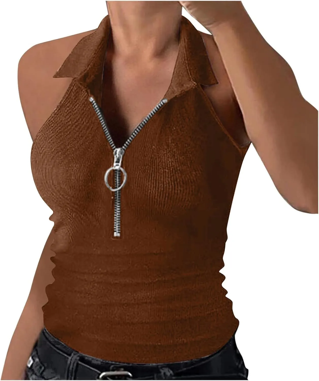 UQRZAU Women's 2024 Sleeveless Tops Summer Tank Top Ribbed Half Zipper V Neck Slim Cropped Cami Shirt Tank Tops