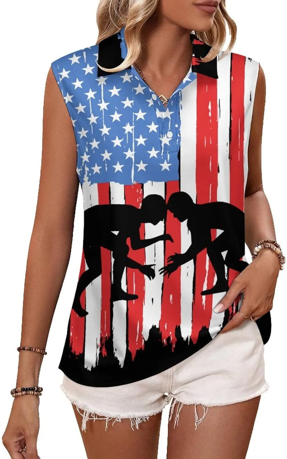 U.S.A. Wrestling Flag Women's Sleeveless Golf Polo Shirts Athletic Tank Tops