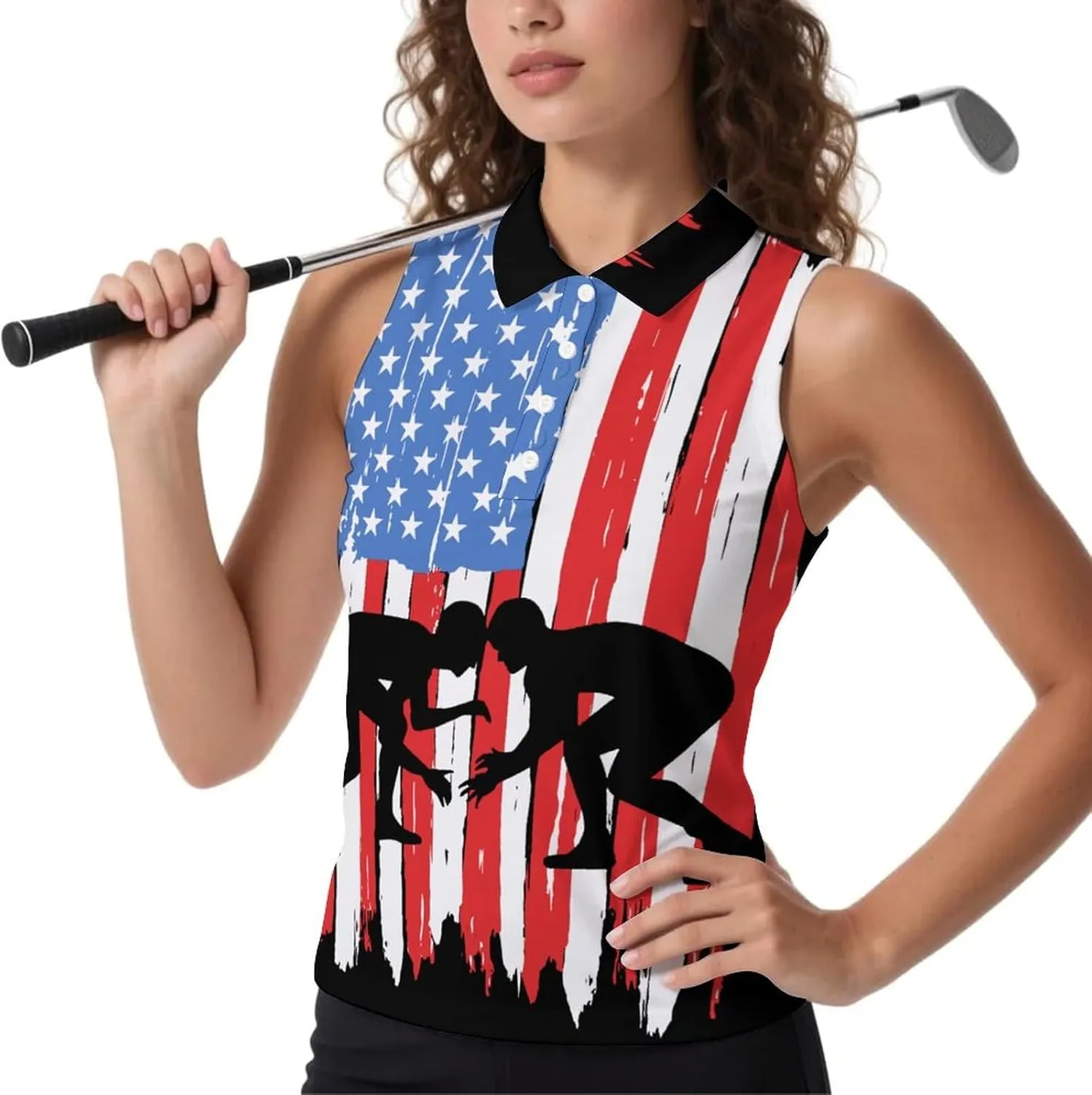 U.S.A. Wrestling Flag Women's Sleeveless Golf Polo Shirts Athletic Tank Tops