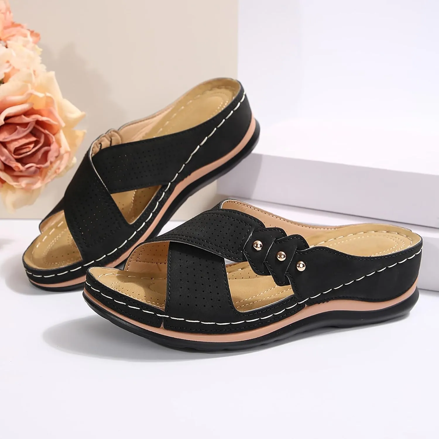 Vacation Sandals for Women Dressy Soft Sole Wedge Sandals Open Toe Orthopedic Slippers Slip On Beach Summer Shoes