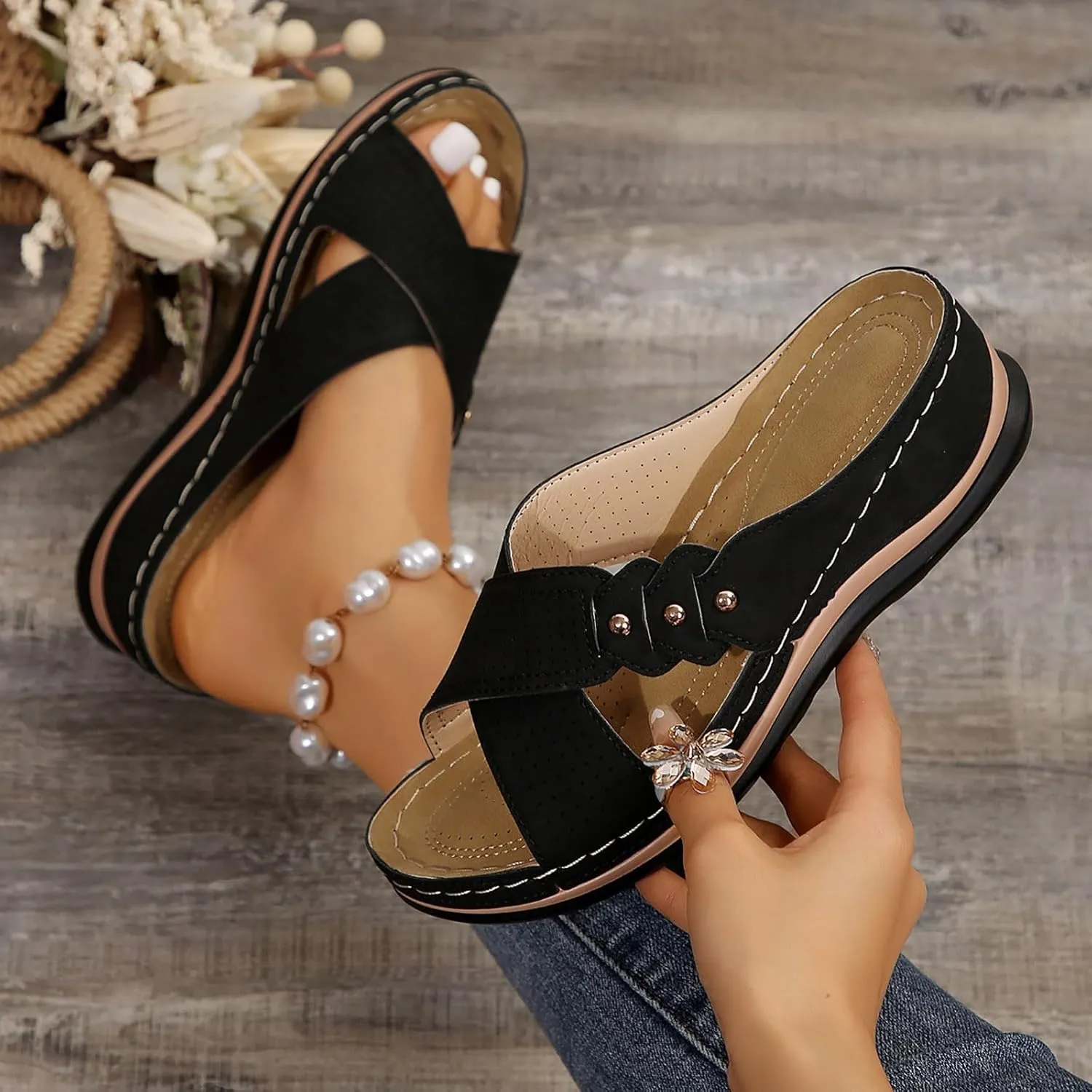 Vacation Sandals for Women Dressy Soft Sole Wedge Sandals Open Toe Orthopedic Slippers Slip On Beach Summer Shoes