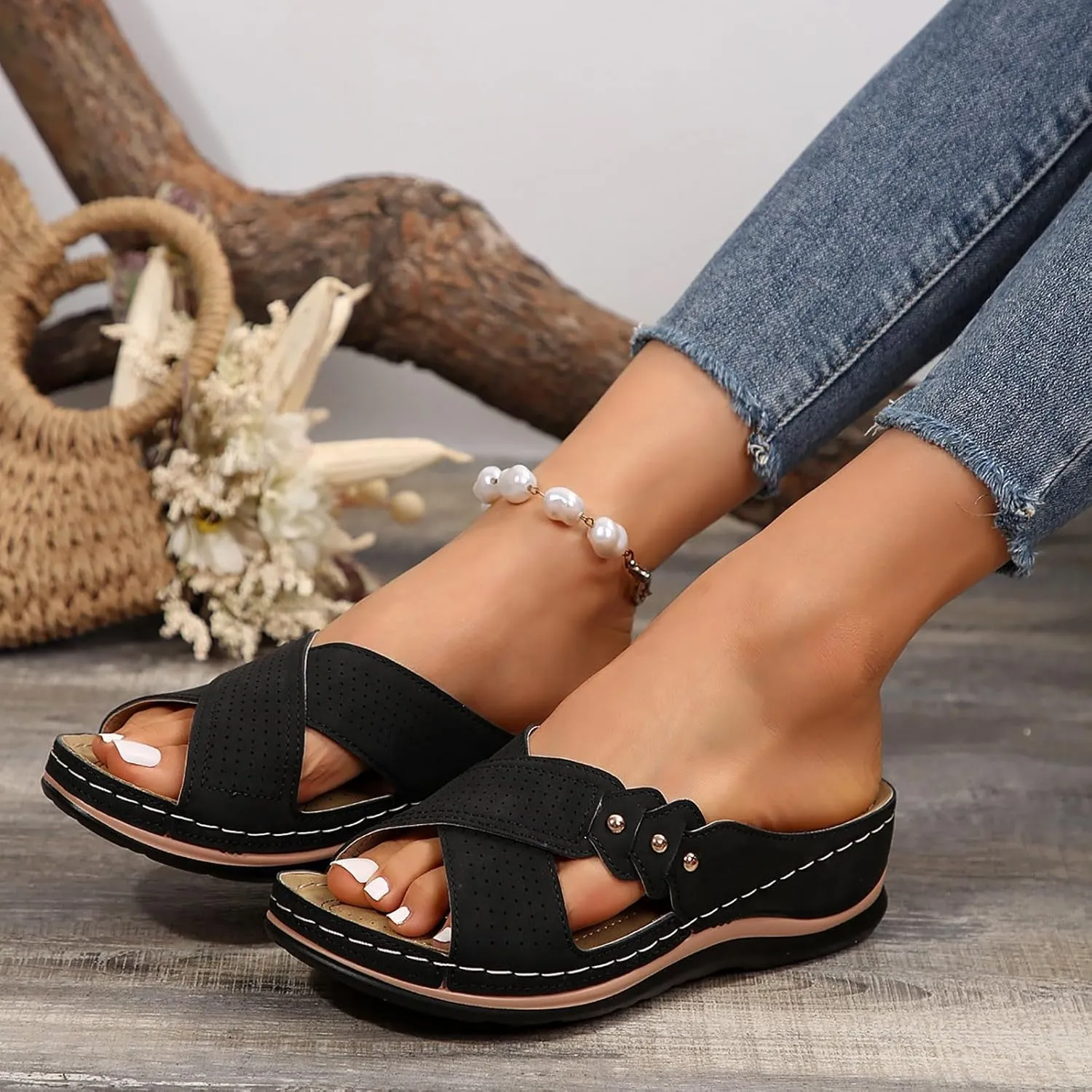 Vacation Sandals for Women Dressy Soft Sole Wedge Sandals Open Toe Orthopedic Slippers Slip On Beach Summer Shoes