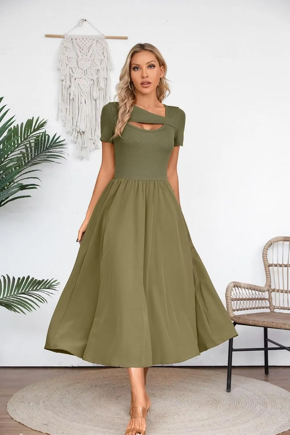 VICHYIE Womens Summer Dresses Cutout One Piece Ribbed Maxi Short Sleeve Casual Flowy A-Line Long Midi Dress