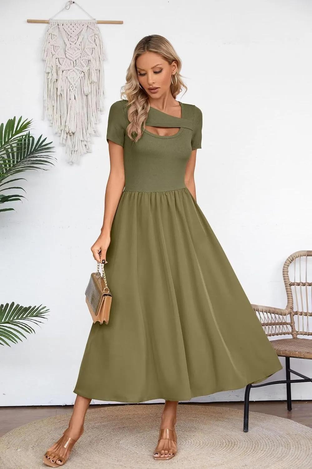 VICHYIE Womens Summer Dresses Cutout One Piece Ribbed Maxi Short Sleeve Casual Flowy A-Line Long Midi Dress