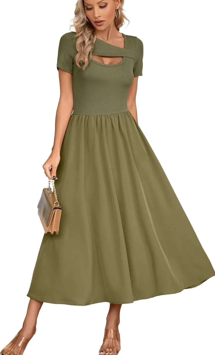 VICHYIE Womens Summer Dresses Cutout One Piece Ribbed Maxi Short Sleeve Casual Flowy A-Line Long Midi Dress