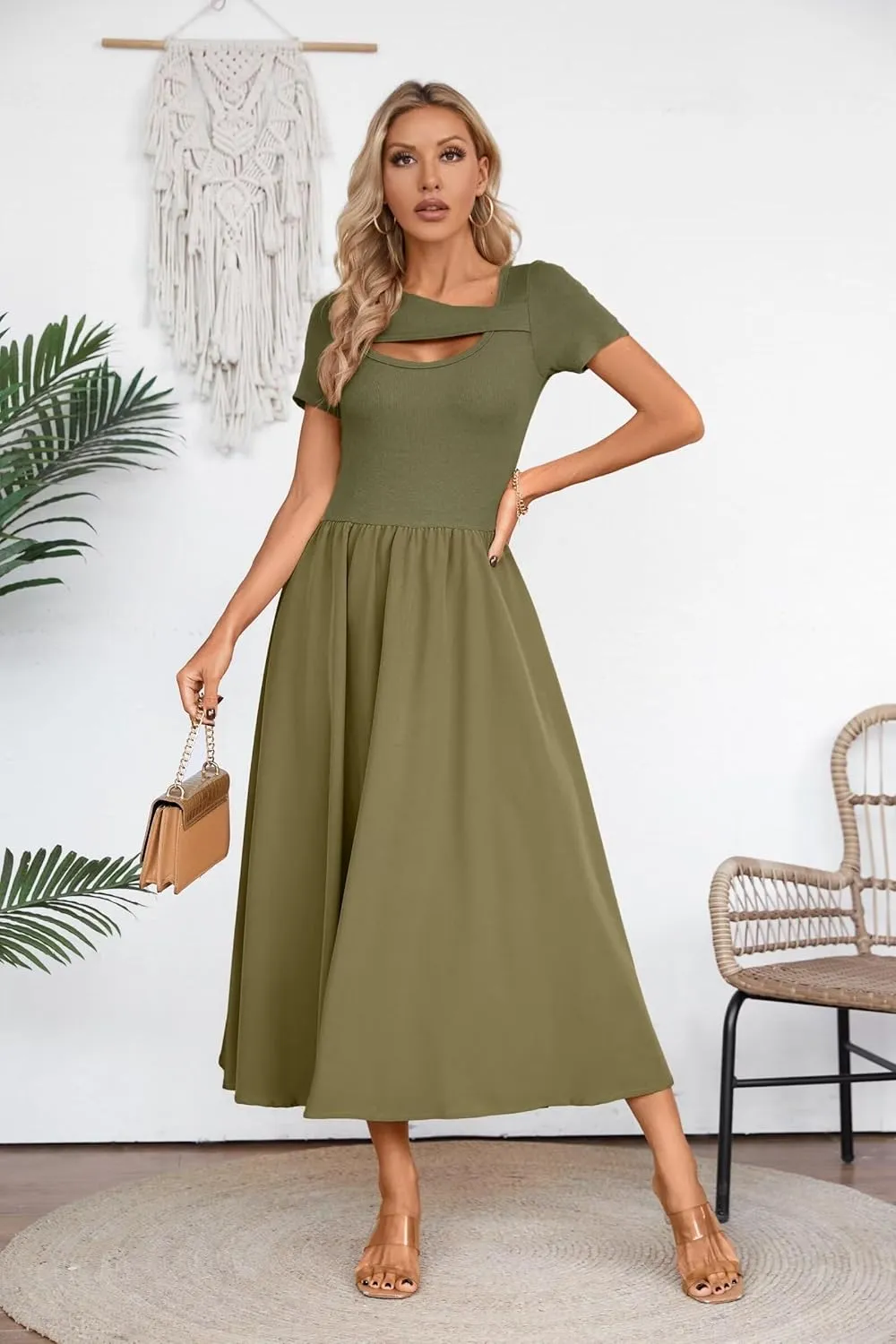 VICHYIE Womens Summer Dresses Cutout One Piece Ribbed Maxi Short Sleeve Casual Flowy A-Line Long Midi Dress