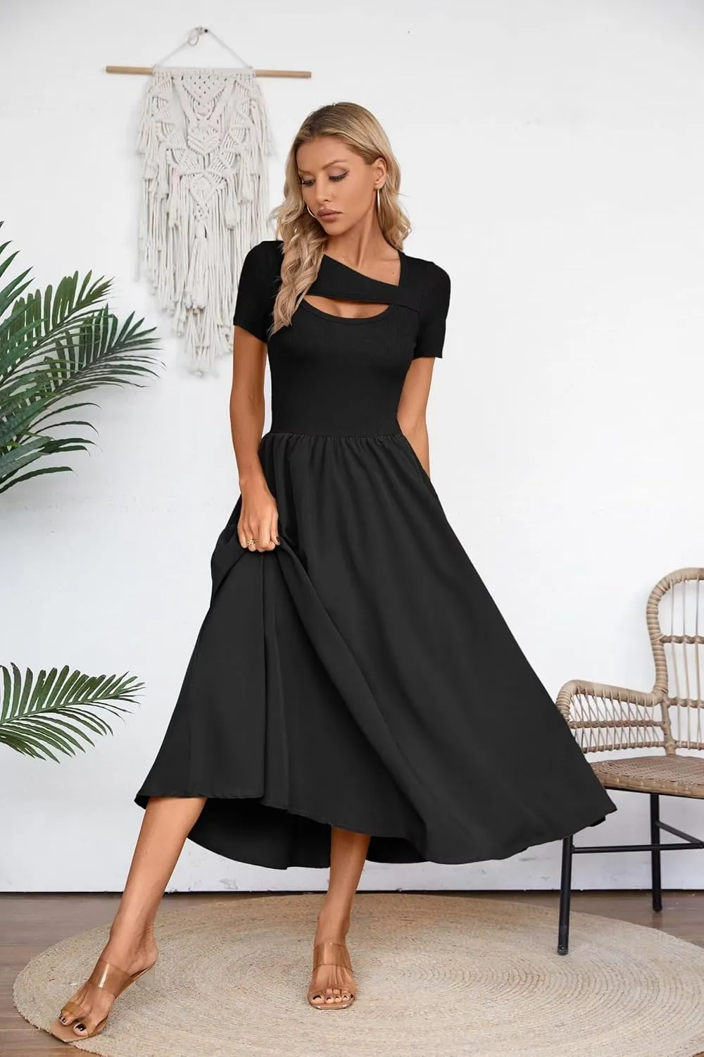 VICHYIE Womens Summer Dresses Cutout One Piece Ribbed Maxi Short Sleeve Casual Flowy A-Line Long Midi Dress