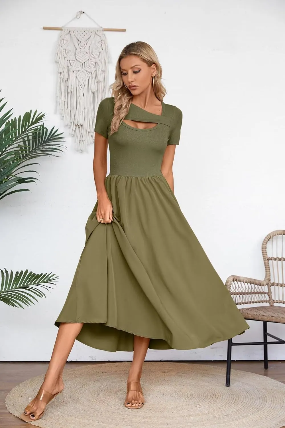 VICHYIE Womens Summer Dresses Cutout One Piece Ribbed Maxi Short Sleeve Casual Flowy A-Line Long Midi Dress