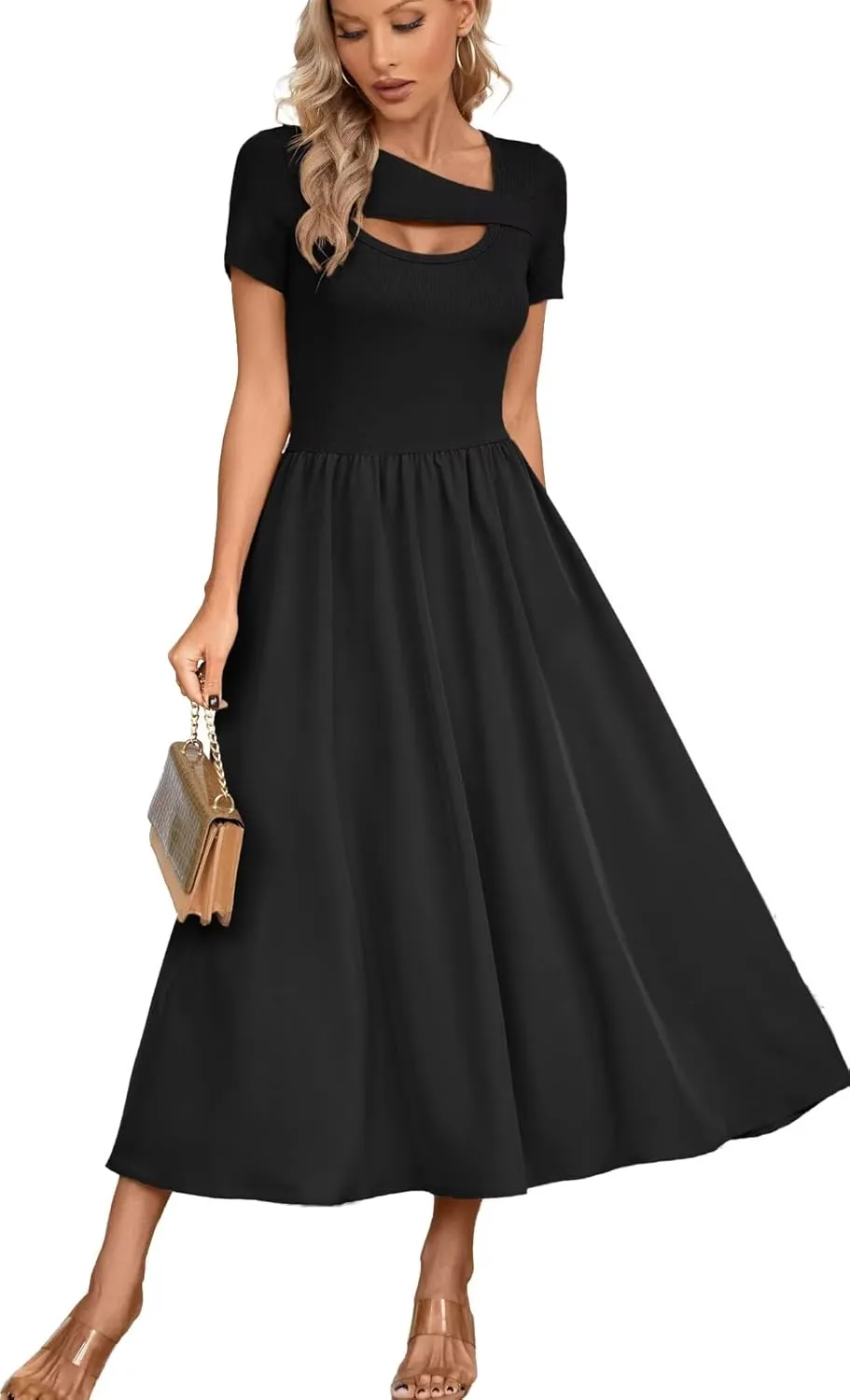 VICHYIE Womens Summer Dresses Cutout One Piece Ribbed Maxi Short Sleeve Casual Flowy A-Line Long Midi Dress