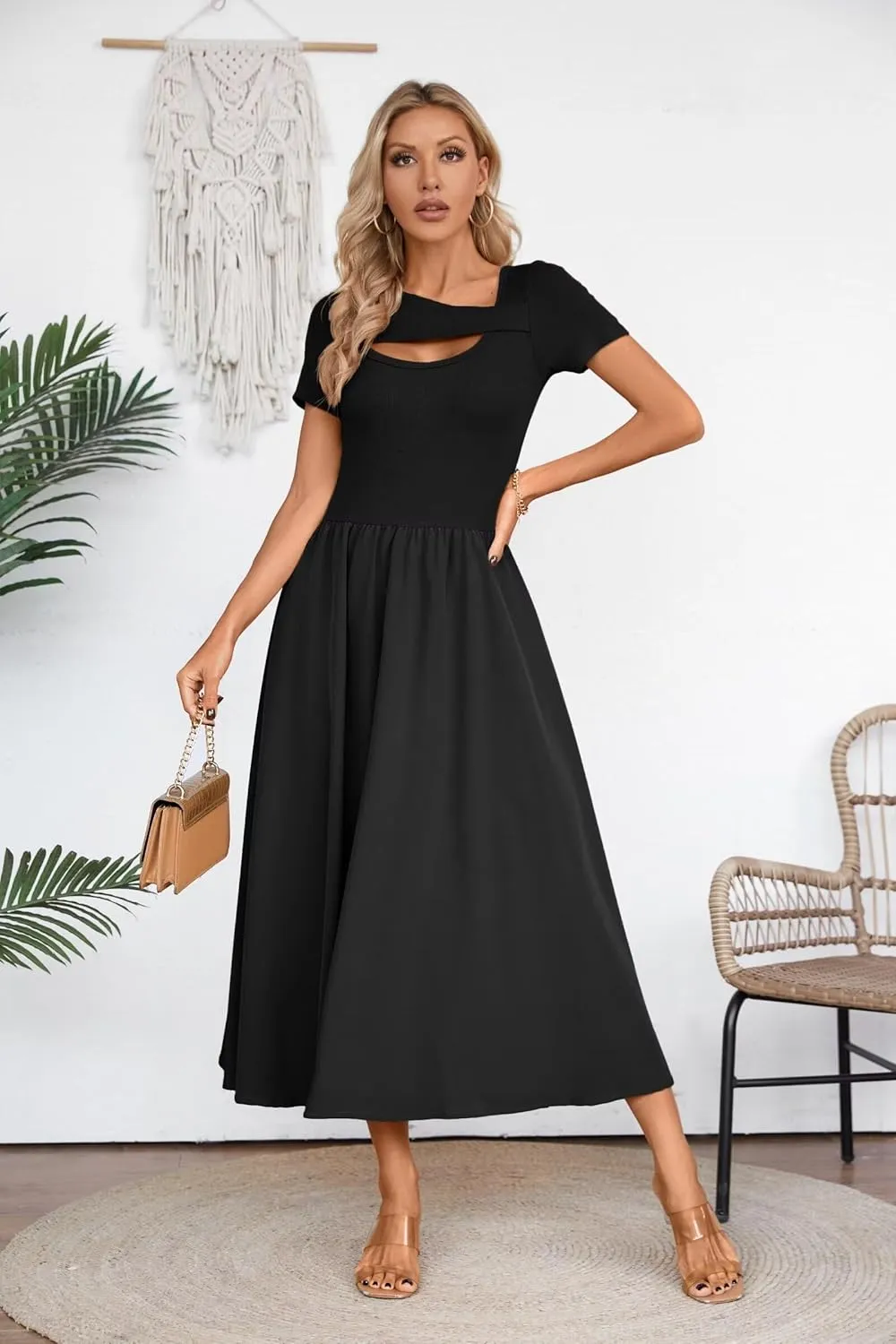 VICHYIE Womens Summer Dresses Cutout One Piece Ribbed Maxi Short Sleeve Casual Flowy A-Line Long Midi Dress