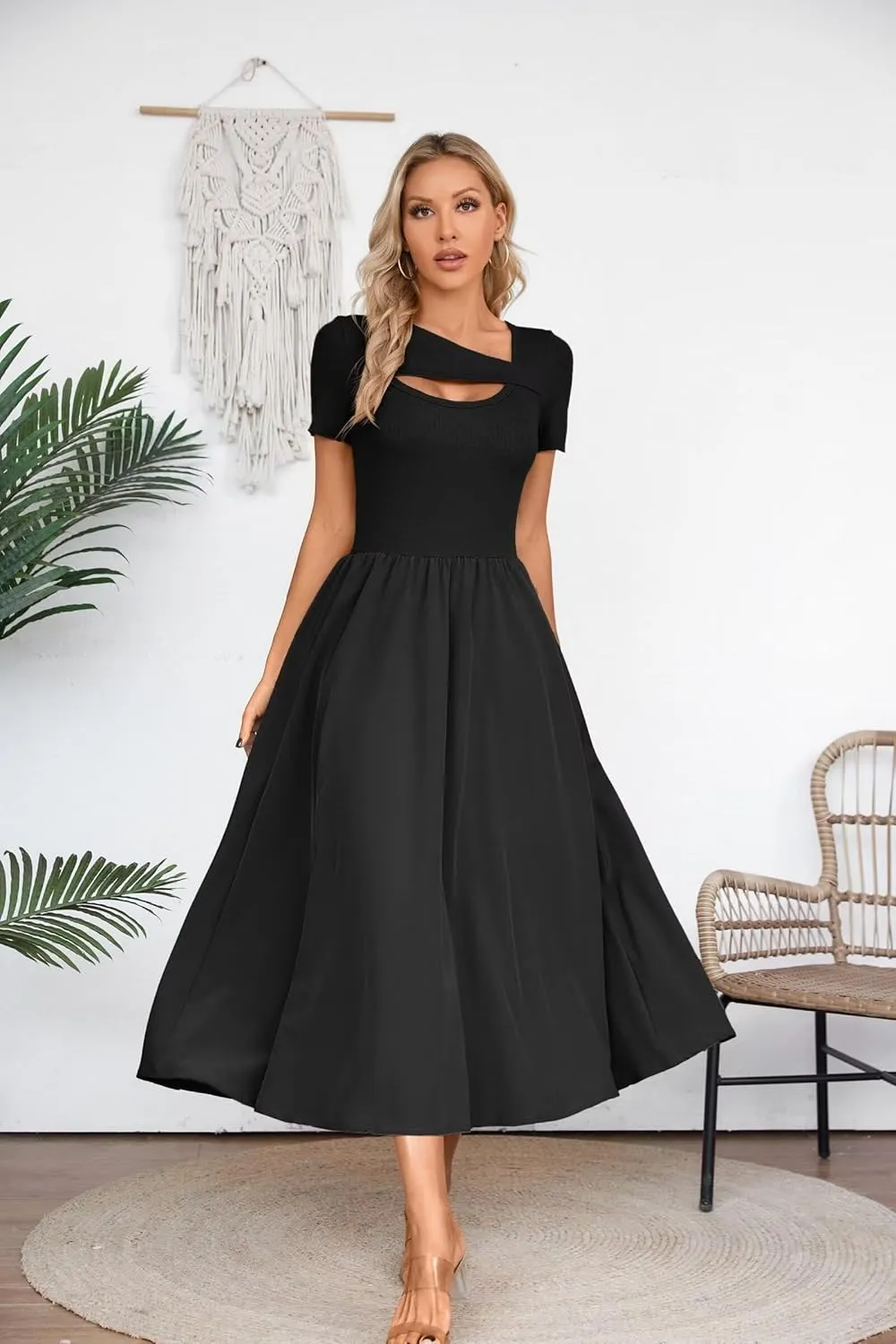 VICHYIE Womens Summer Dresses Cutout One Piece Ribbed Maxi Short Sleeve Casual Flowy A-Line Long Midi Dress