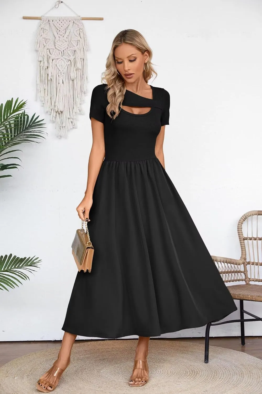 VICHYIE Womens Summer Dresses Cutout One Piece Ribbed Maxi Short Sleeve Casual Flowy A-Line Long Midi Dress