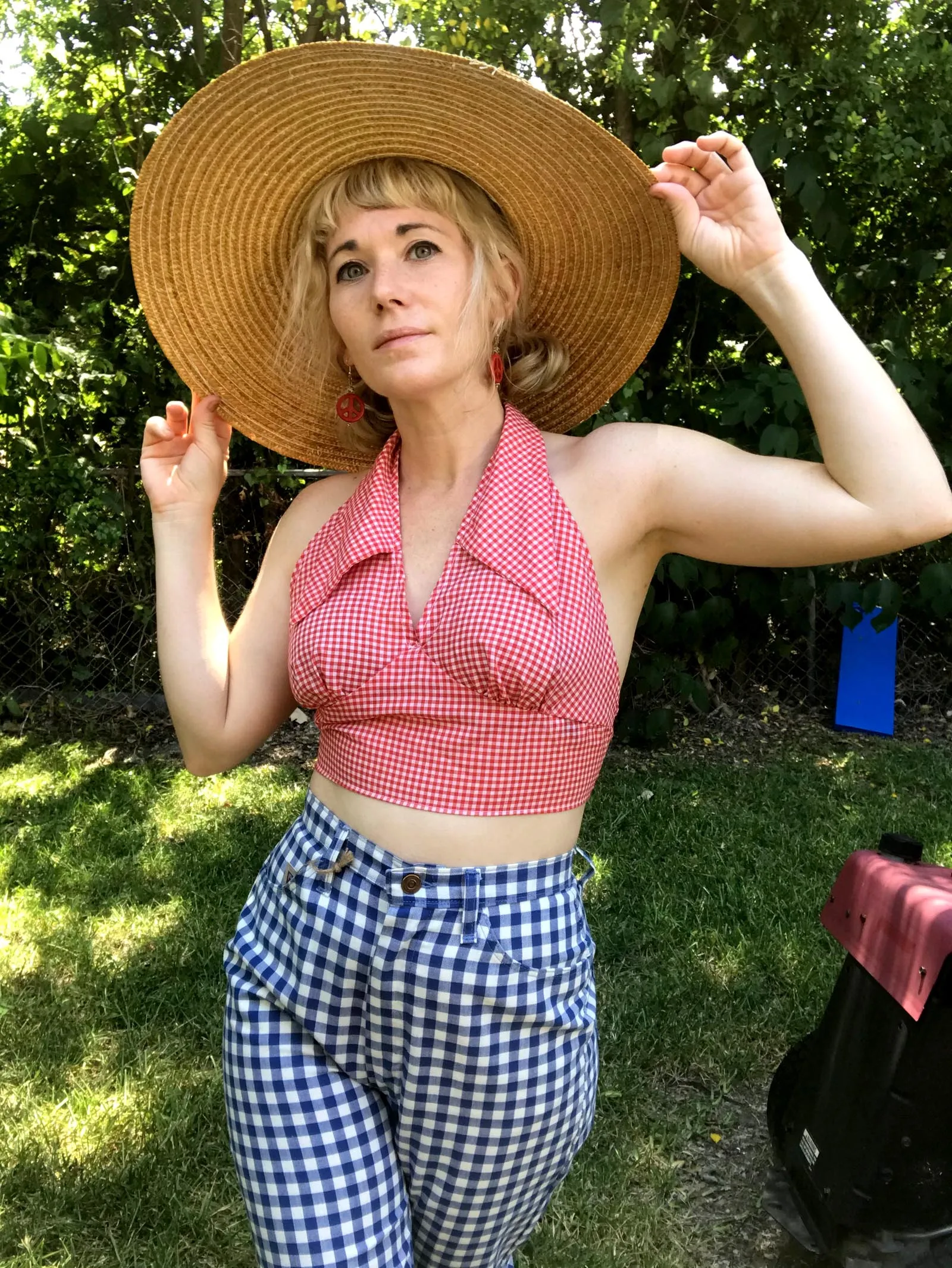 Vintage 70s | Groovy Red Gingham Boho Hippie Halter Bralette Crop Top | XS 32 A