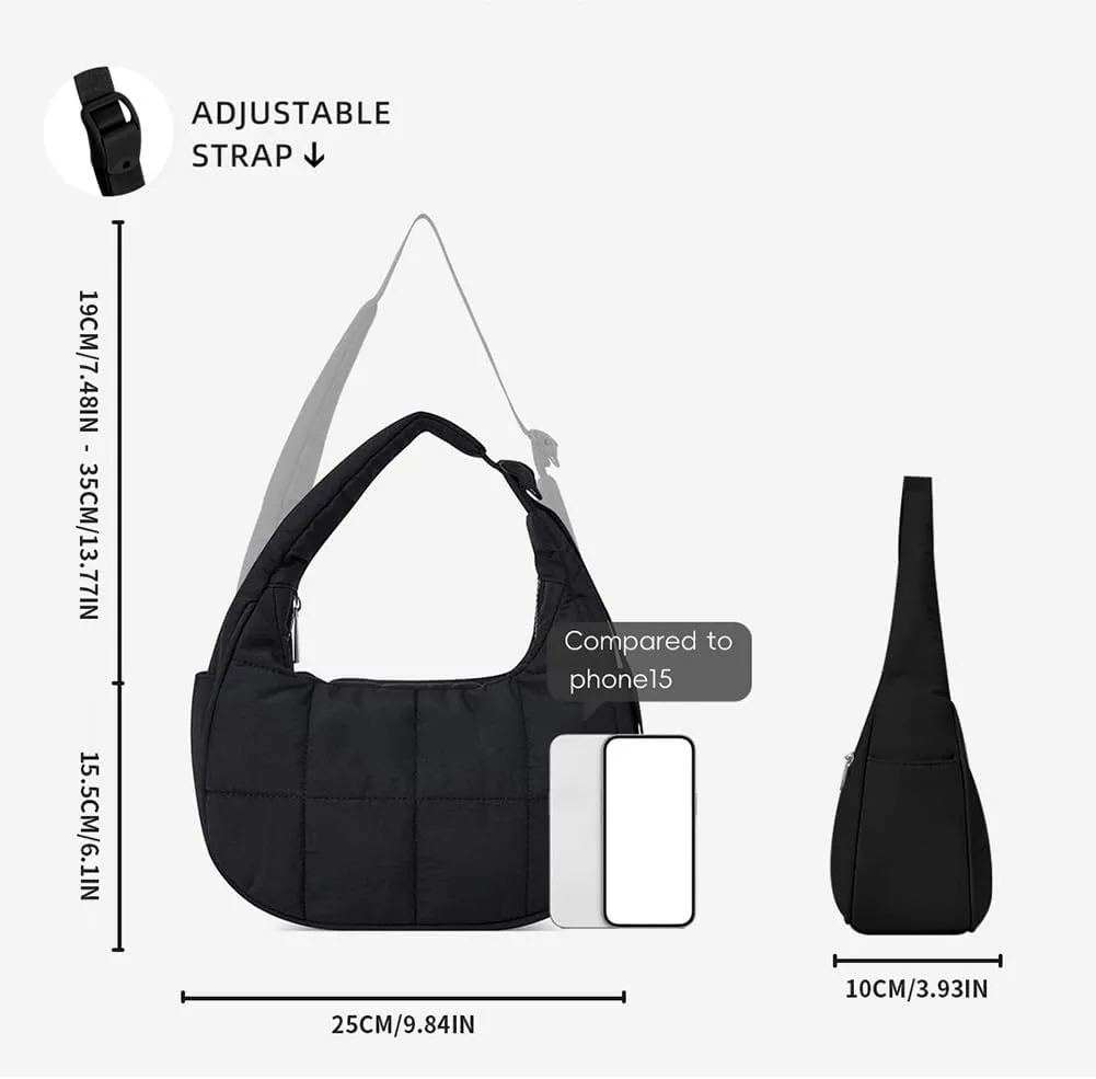 Waterproof Puffer Crescent Shoulder Bag for Women,Small Nylon Quilted Hobo Purse, Adjustable Strap Puffy Handbag Hobo Bag