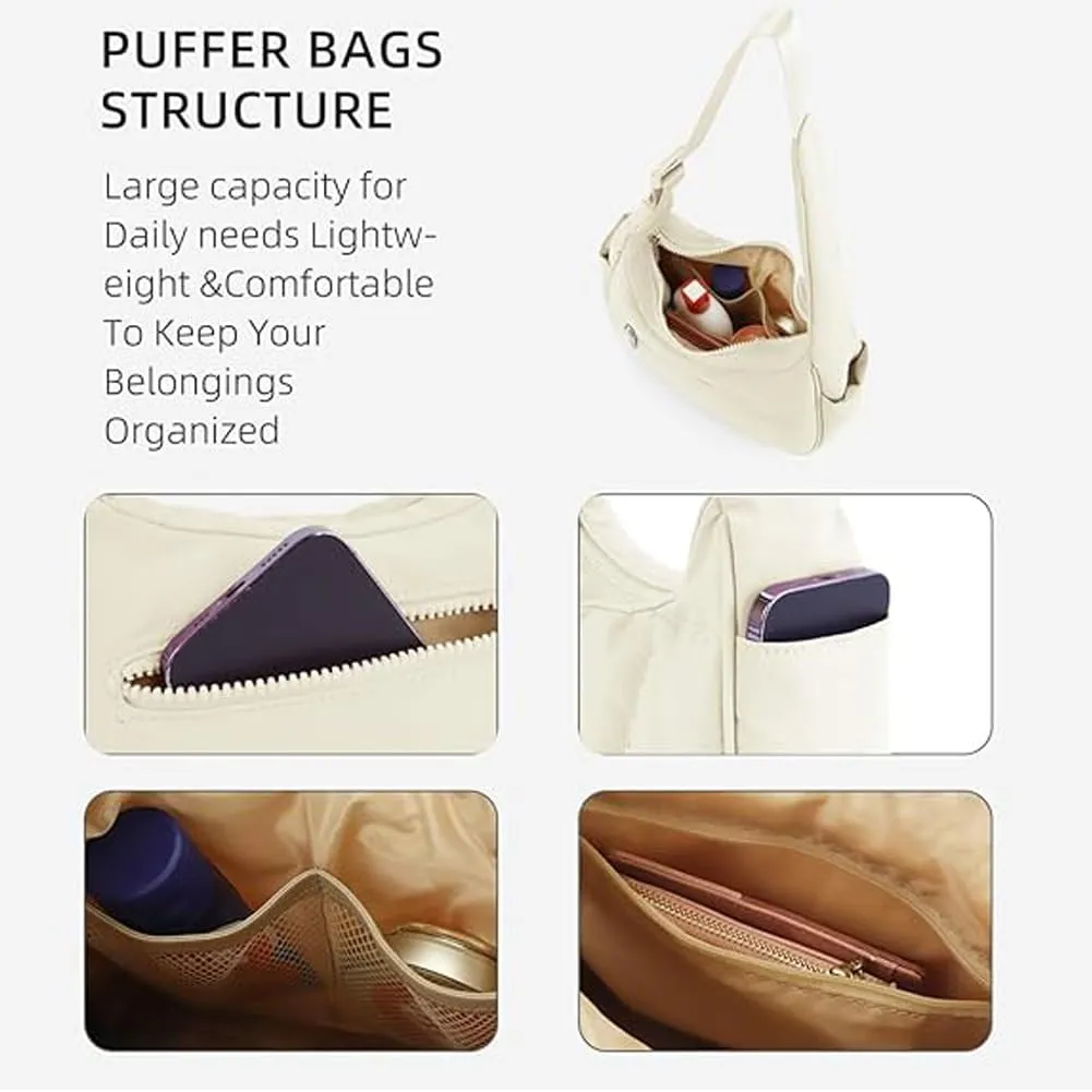Waterproof Puffer Crescent Shoulder Bag for Women,Small Nylon Quilted Hobo Purse, Adjustable Strap Puffy Handbag Hobo Bag