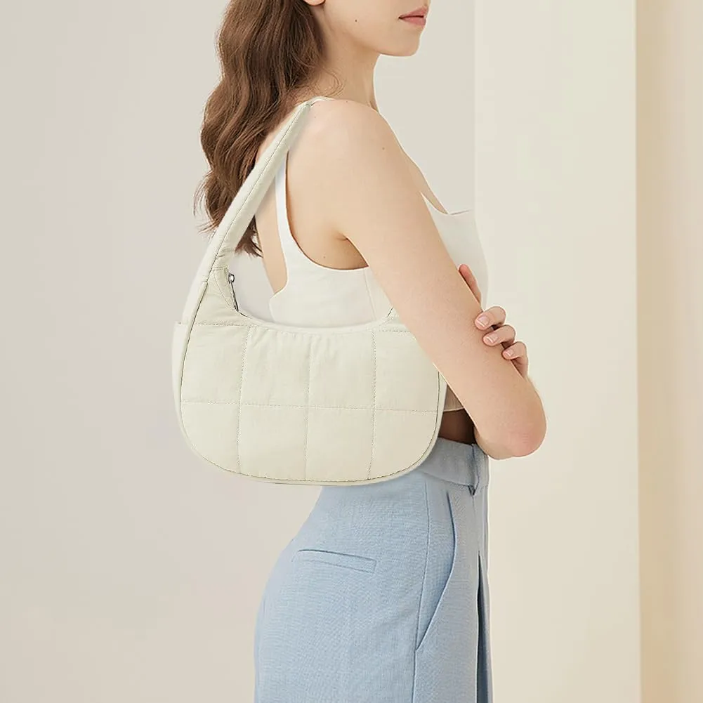 Waterproof Puffer Crescent Shoulder Bag for Women,Small Nylon Quilted Hobo Purse, Adjustable Strap Puffy Handbag Hobo Bag