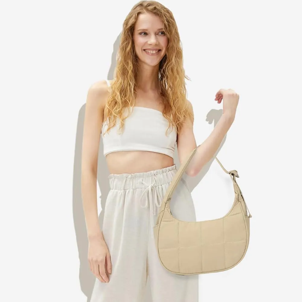 Waterproof Puffer Crescent Shoulder Bag for Women,Small Nylon Quilted Hobo Purse, Adjustable Strap Puffy Handbag Hobo Bag