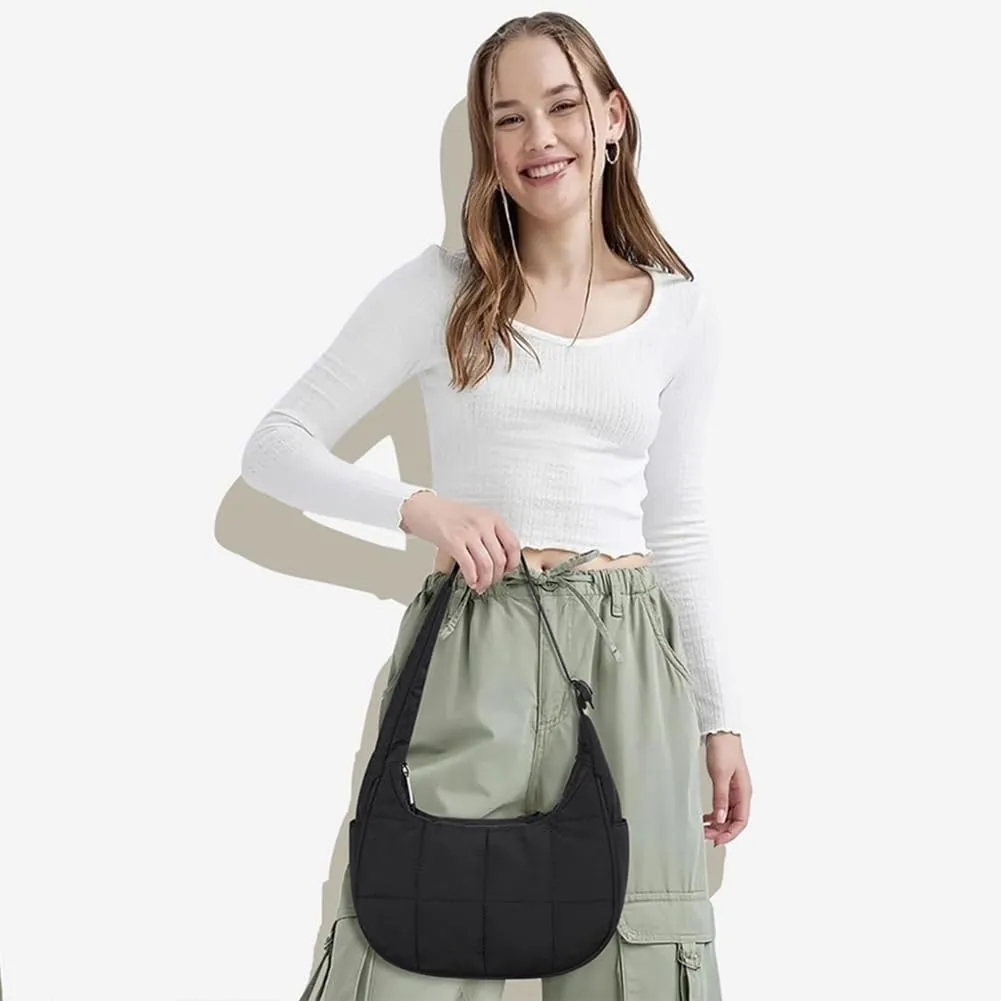 Waterproof Puffer Crescent Shoulder Bag for Women,Small Nylon Quilted Hobo Purse, Adjustable Strap Puffy Handbag Hobo Bag
