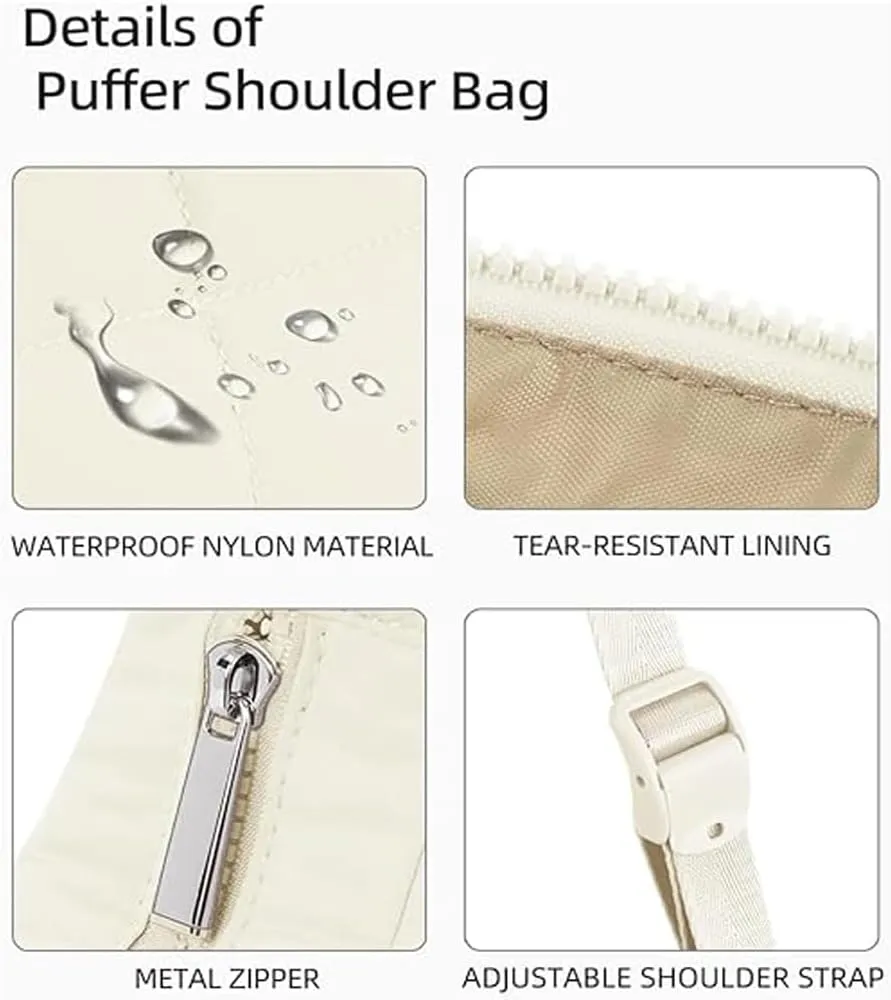 Waterproof Puffer Crescent Shoulder Bag for Women,Small Nylon Quilted Hobo Purse, Adjustable Strap Puffy Handbag Hobo Bag