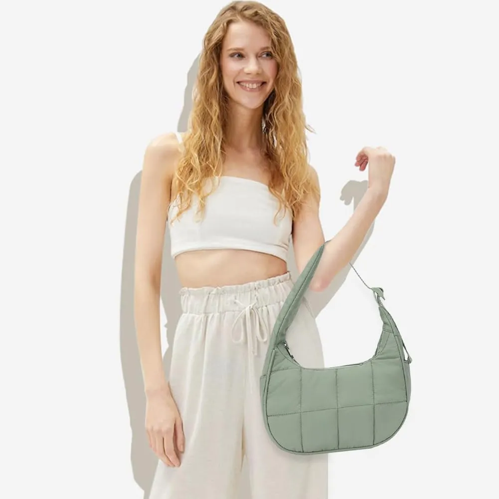 Waterproof Puffer Crescent Shoulder Bag for Women,Small Nylon Quilted Hobo Purse, Adjustable Strap Puffy Handbag Hobo Bag