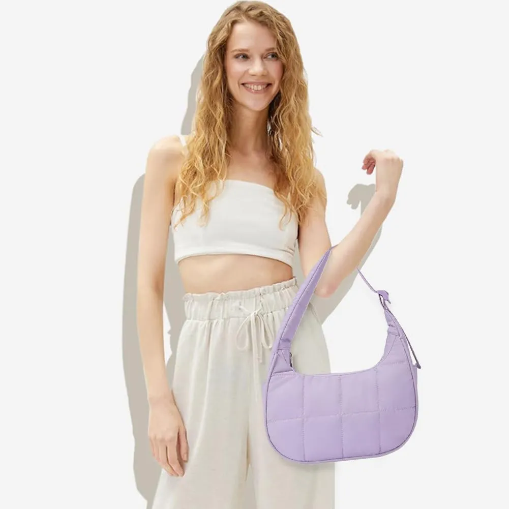 Waterproof Puffer Crescent Shoulder Bag for Women,Small Nylon Quilted Hobo Purse, Adjustable Strap Puffy Handbag Hobo Bag