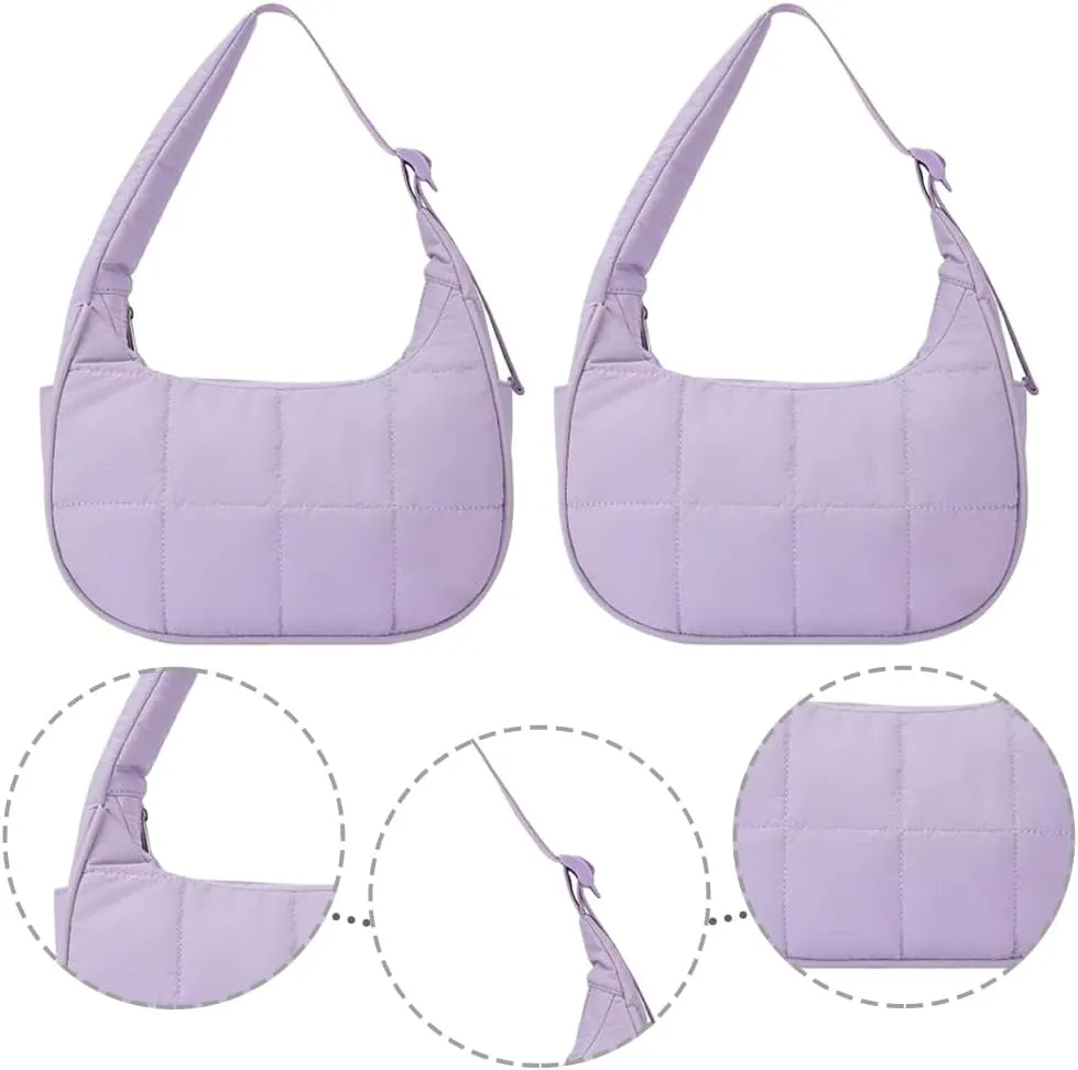 Waterproof Puffer Crescent Shoulder Bag for Women,Small Nylon Quilted Hobo Purse, Adjustable Strap Puffy Handbag Hobo Bag