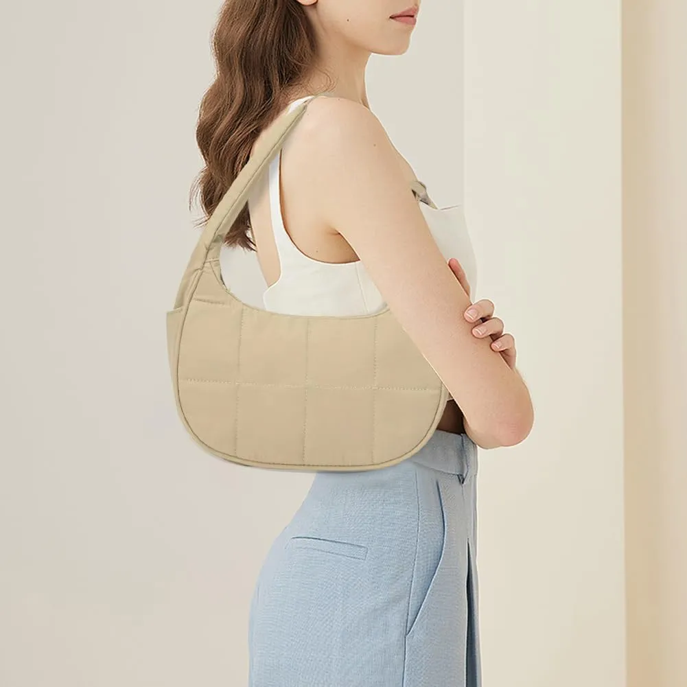 Waterproof Puffer Crescent Shoulder Bag for Women,Small Nylon Quilted Hobo Purse, Adjustable Strap Puffy Handbag Hobo Bag