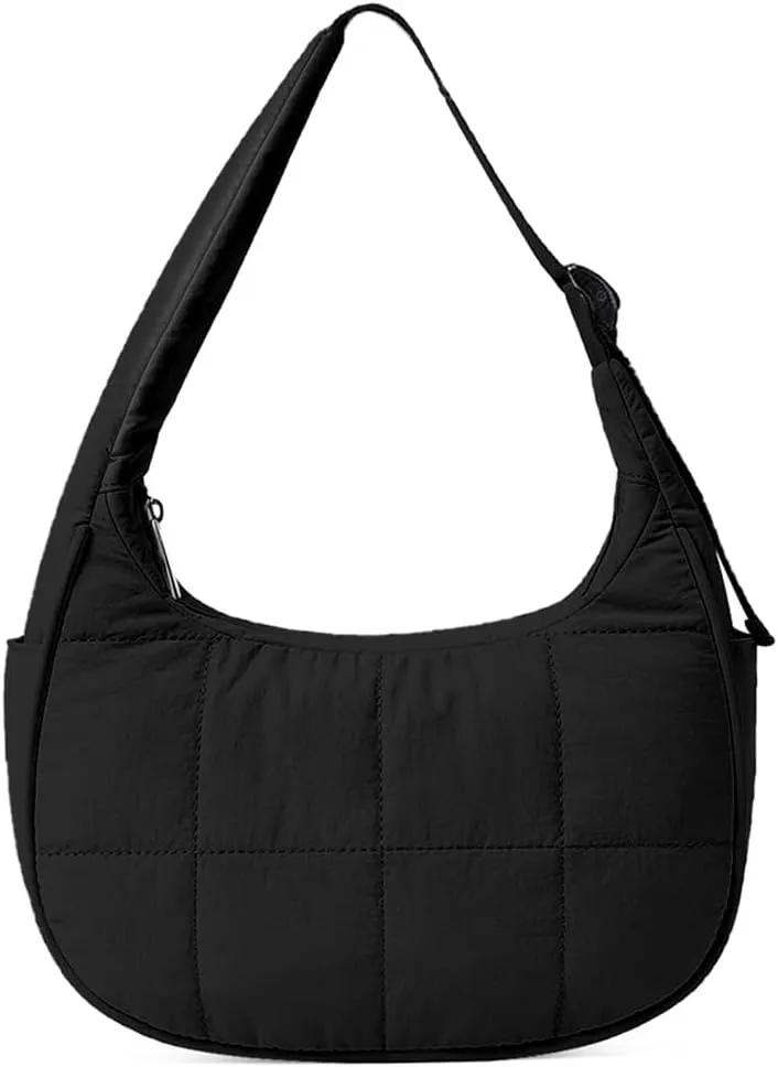 Waterproof Puffer Crescent Shoulder Bag for Women,Small Nylon Quilted Hobo Purse, Adjustable Strap Puffy Handbag Hobo Bag