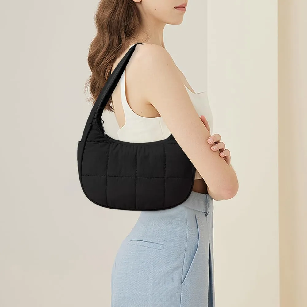 Waterproof Puffer Crescent Shoulder Bag for Women,Small Nylon Quilted Hobo Purse, Adjustable Strap Puffy Handbag Hobo Bag