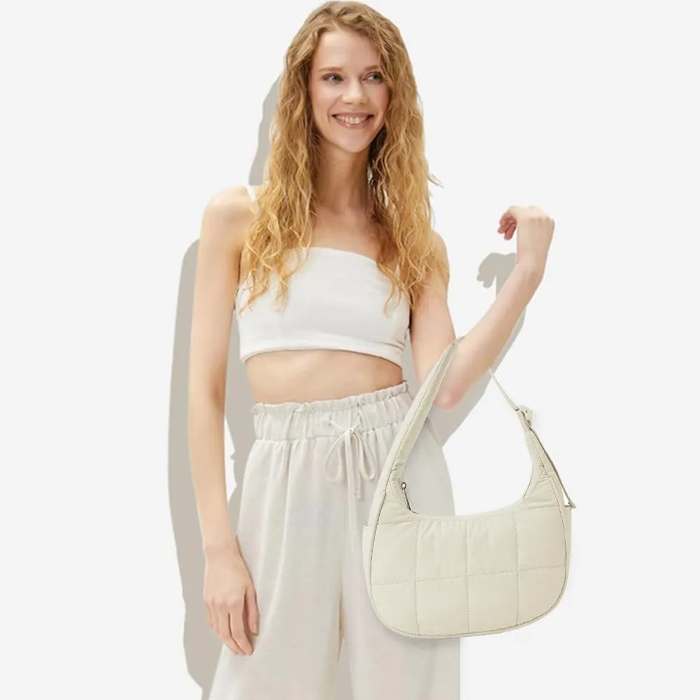 Waterproof Puffer Crescent Shoulder Bag for Women,Small Nylon Quilted Hobo Purse, Adjustable Strap Puffy Handbag Hobo Bag