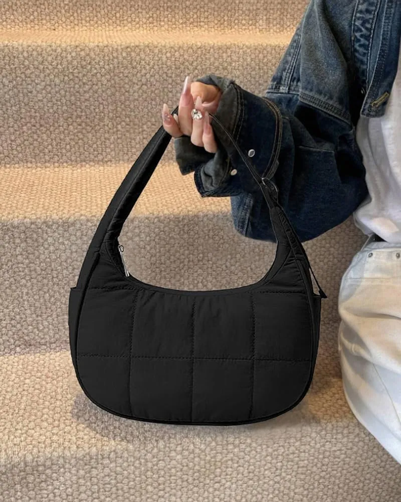 Waterproof Puffer Crescent Shoulder Bag for Women,Small Nylon Quilted Hobo Purse, Adjustable Strap Puffy Handbag Hobo Bag