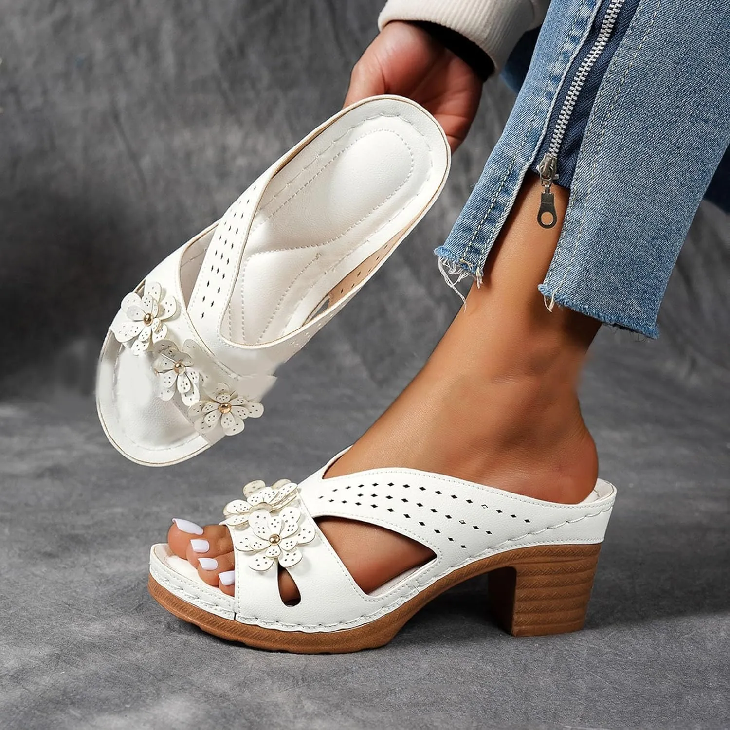 Wedge Sandals for Women Comfortable Dressy Summer Shoes Arch Support Walking Sandals Open Toe Flower Going Out Shoe Casual Slip on Summer Shoes Vacation Travel Sandal